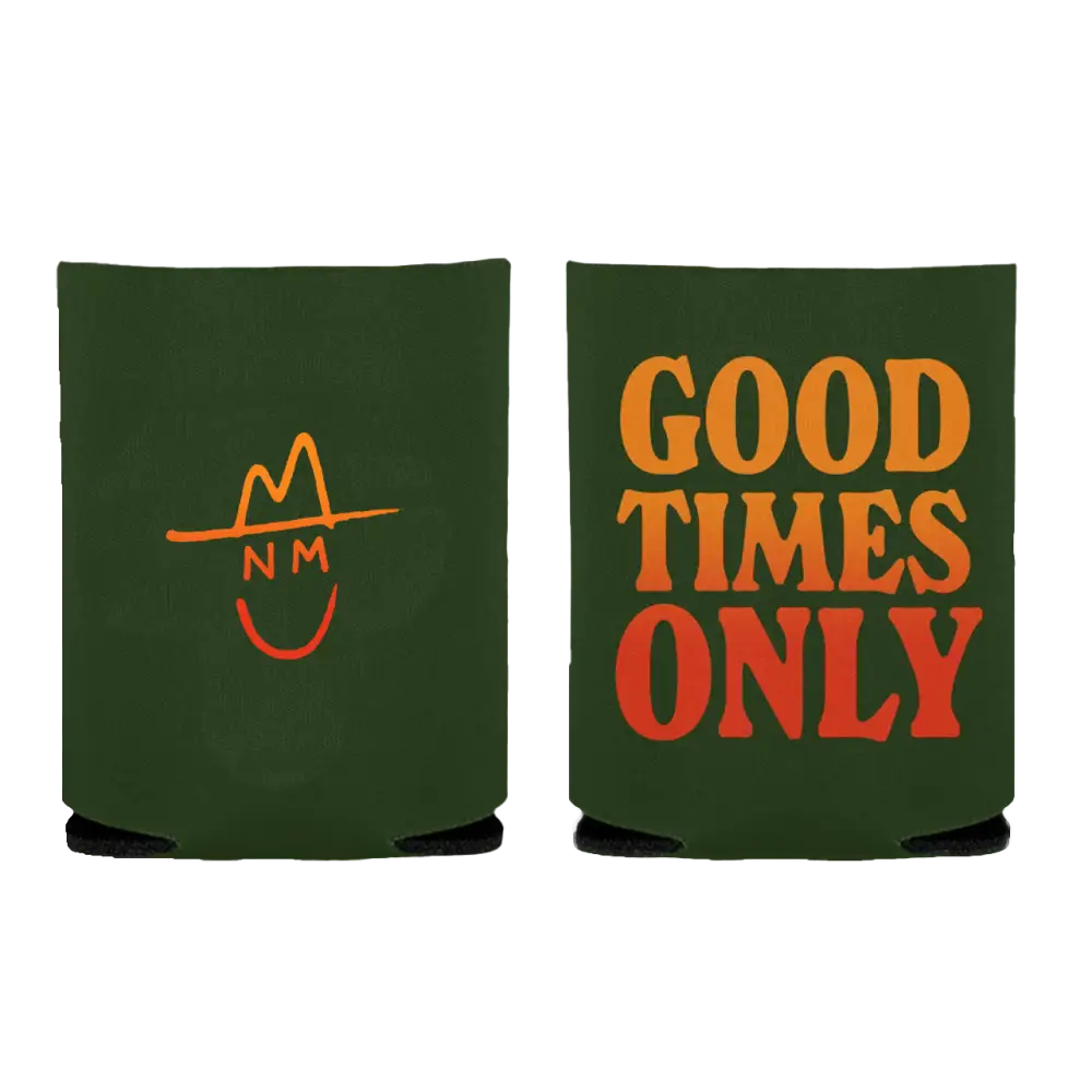 Two green can coolers with orange and red text and a simple logo design.