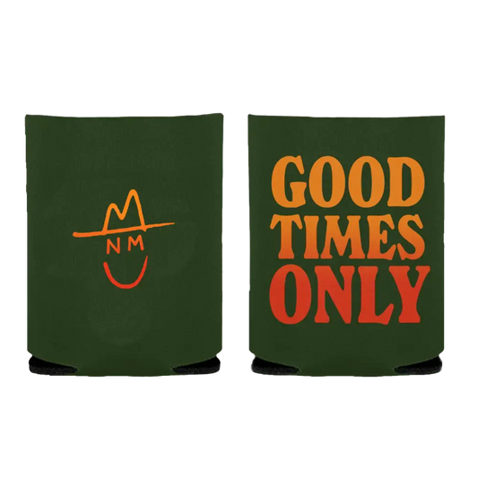 Two green can coolers with orange and red text and a simple logo design.