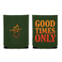 Two green can coolers with orange and red text and a simple logo design.