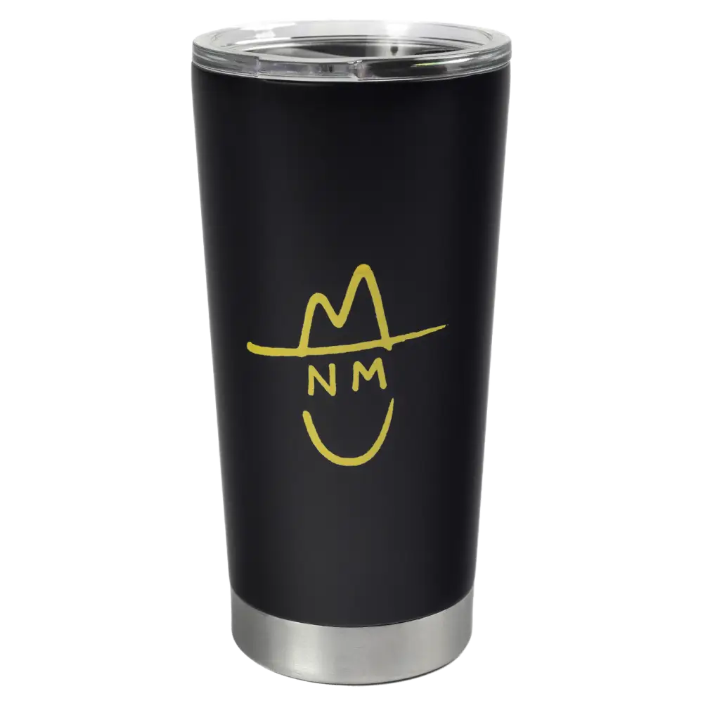 Black insulated tumbler with a yellow logo resembling a smiling face wearing a hat.