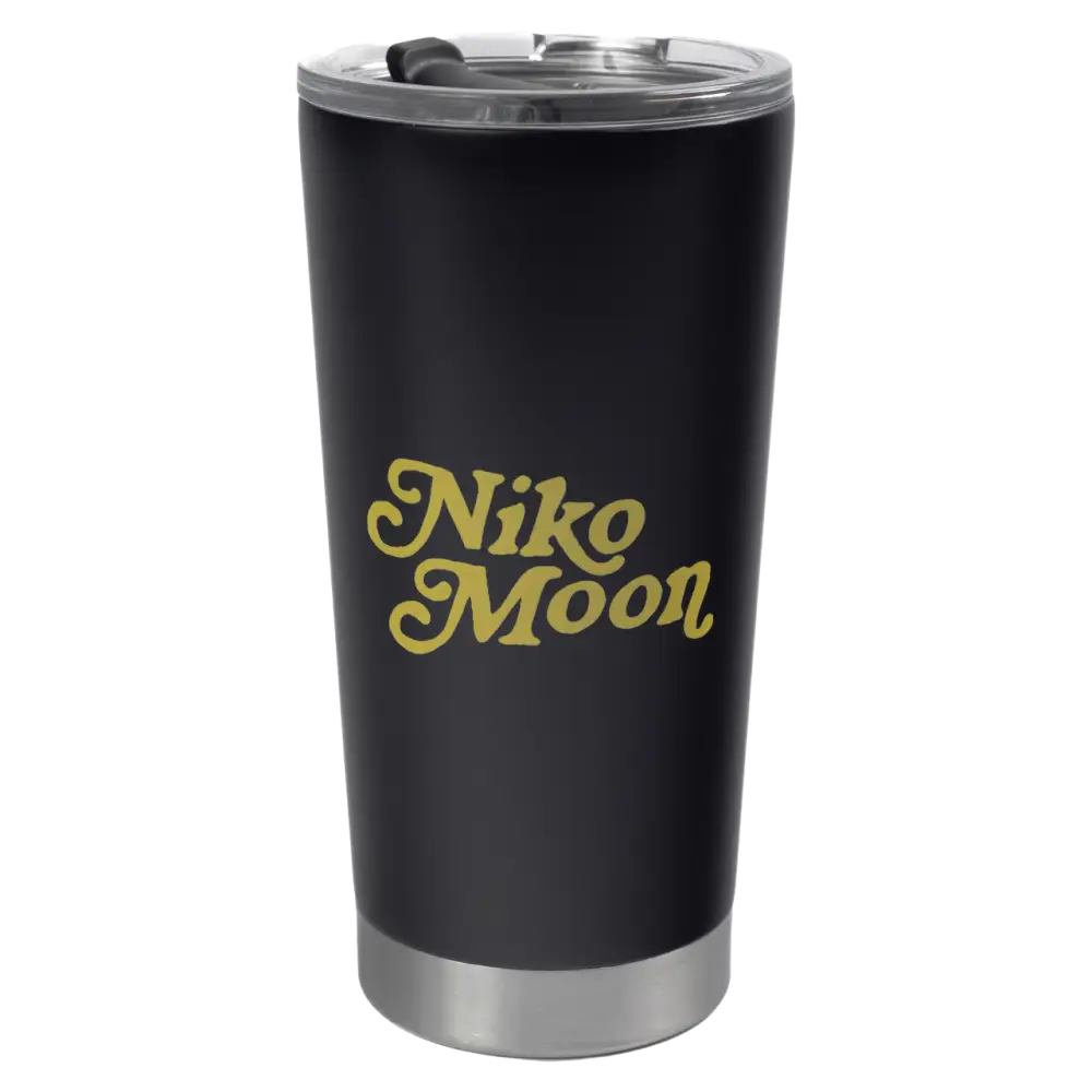 Black insulated tumbler with ’Niko Moon’ printed in yellow lettering.