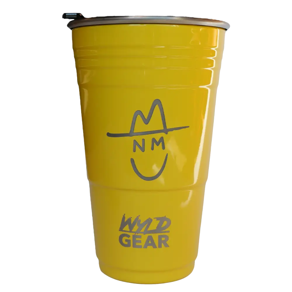 Yellow cup with a logo.