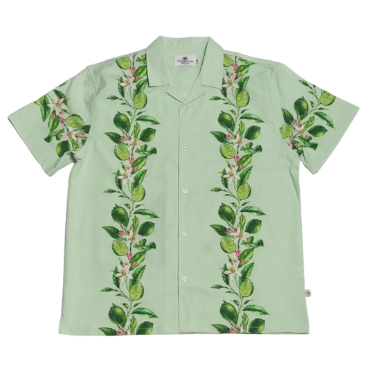 Light green short-sleeved hawaiian shirt with a vertical pattern of lime leaves and blossoms.