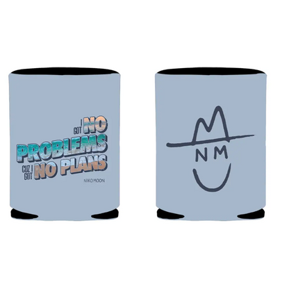 Pair of light blue drink koozies with different designs on each side.