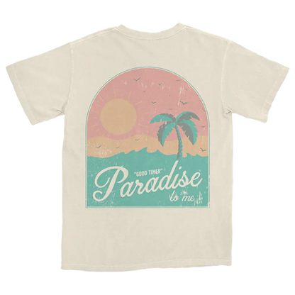 Beige t-shirt with a tropical paradise design featuring a palm tree, sun, and text.