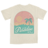 Beige t-shirt with a tropical paradise design featuring a palm tree, sun, and text.