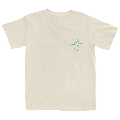 Beige t-shirt with a small teal smiley face design on the chest.