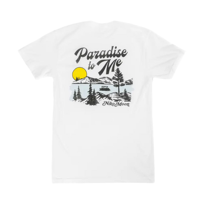 White t-shirt with a ’Paradise to Me’ graphic design featuring a lakeside scene.