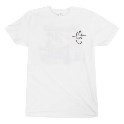 White t-shirt with a small minimalist graphic design on the chest.