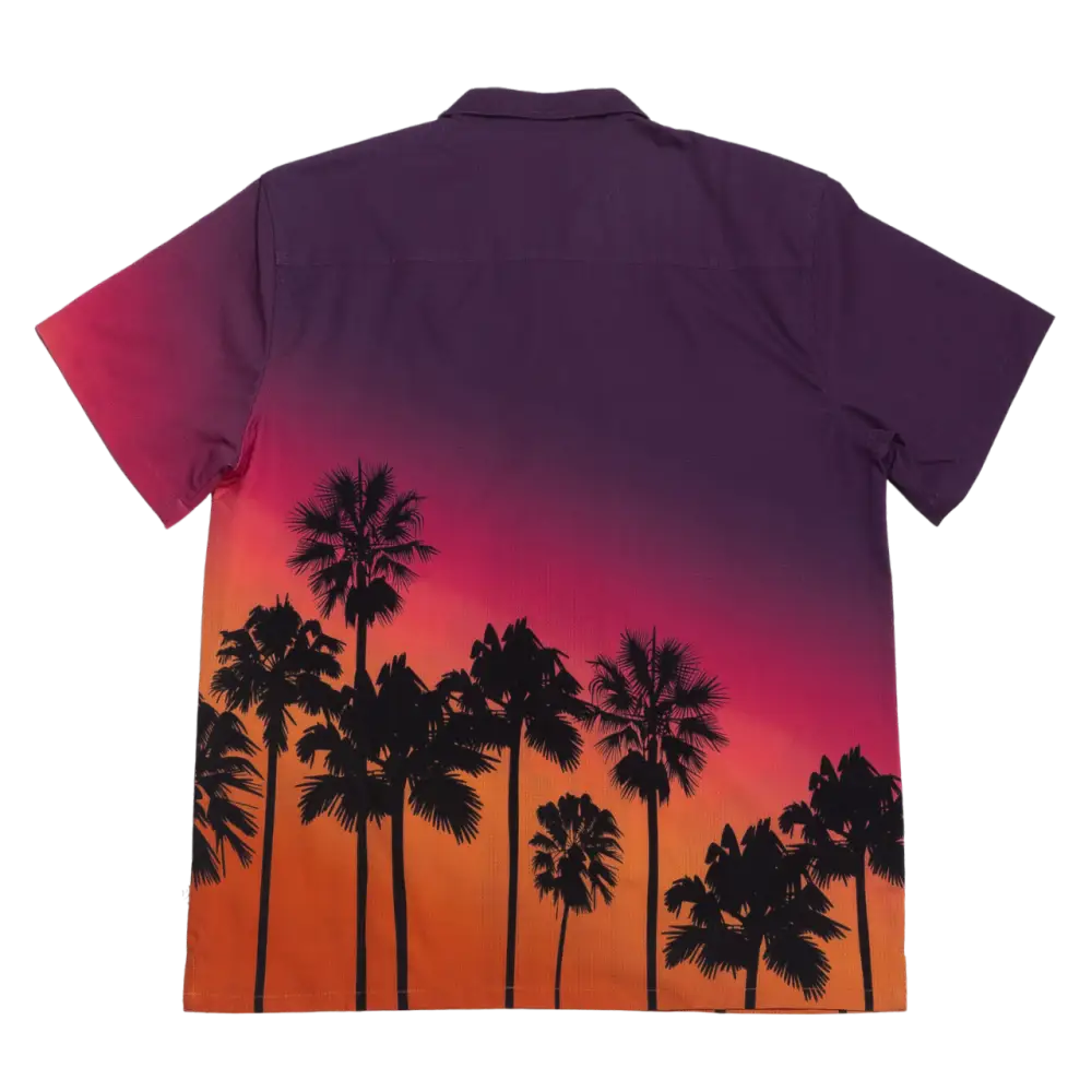 Purple short-sleeved hawaiian shirt with a gradient sunset design featuring black palm tree silhouettes.