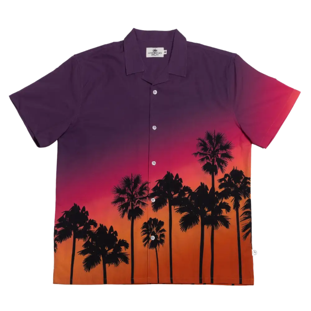 Purple and orange gradient hawaiian shirt with black palm tree silhouettes.