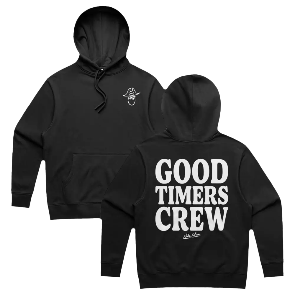 Black hoodie featuring ’good timers crew’ in bold white lettering on the back and a small white logo on the left chest.