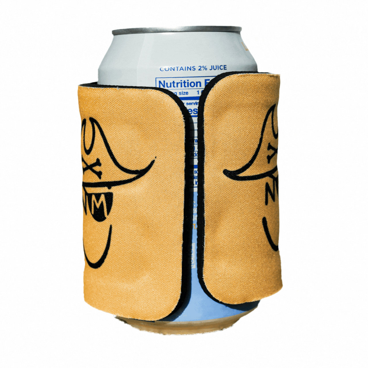 Yellow fabric can cooler with black embroidered pirate face design