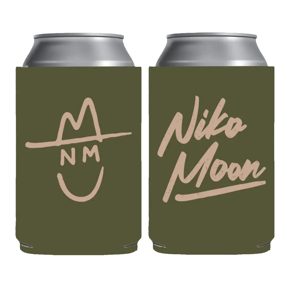 Olive green can cooler featuring a beige signature-style logo with ’niko moon’ text and a stylized hat-and-face design.