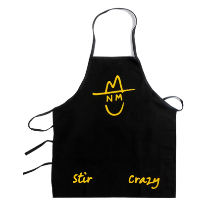 Black apron with yellow smiley face logo and text.