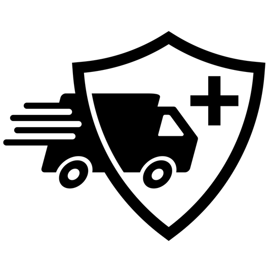 Shield-shaped icon containing a stylized delivery truck and medical cross symbol.